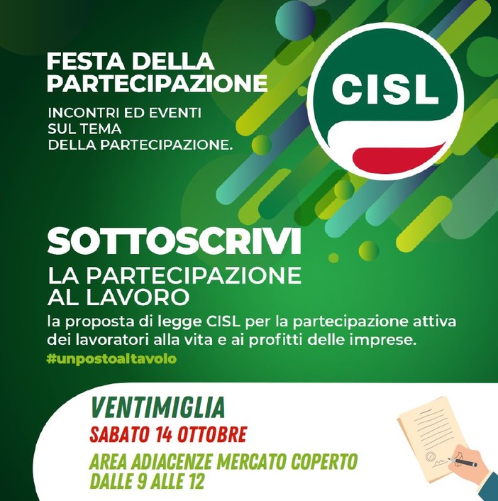 Due appuntamenti della CISL Imperia per promuovere la partecipazione dei lavoratori all'impresa Due appuntamenti della CISL Imperia per promuovere la partecipazione dei lavoratori all'impresa
