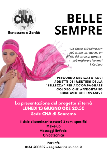 Sanremo: CNA lancia il progetto 'Belle Sempre', &quot;Professionalità e sensibilità, per aiutare le persone nella malattia&quot;