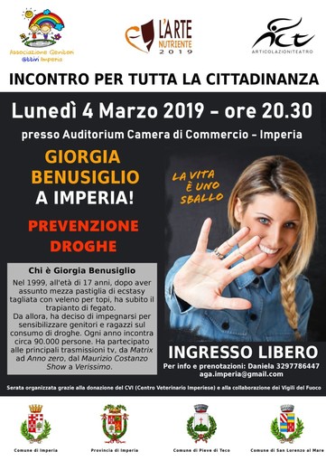 Imperia: 4 e 5 marzo incontri in città con Giorgia Benusiglio, testimonial nazionale antidroga