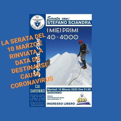 Rinviata a data da destinarsi la serata a Saronno dell'alpinista imperiese/crissolese Stefano Sciandra