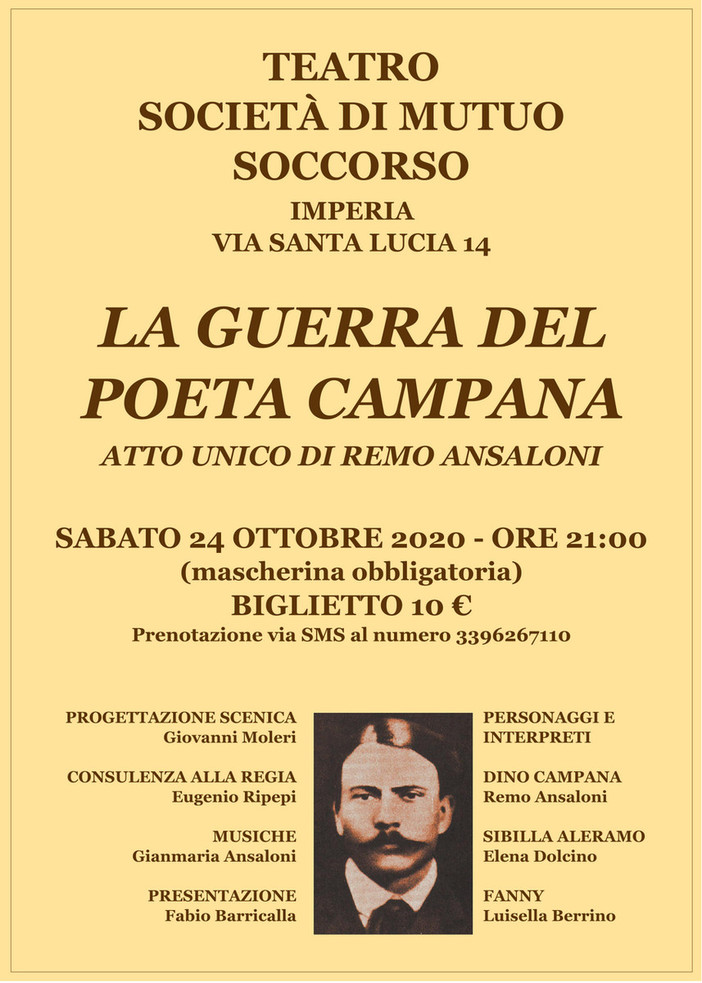 Imperia: ‘La Guerra del Poeta Campana', una storia d’amore in tempo di guerra in scena alla Società di Mutuo Soccorso