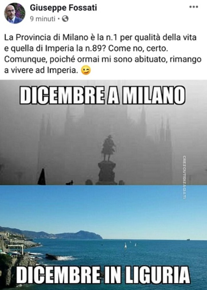 Classifica sulla qualità della vita, l'ironia del vice sindaco Fossati: "Milano al primo posto? Resterò a Imperia, ormai sono abituato" Classifica sulla qualità della vita, l'ironia del vice sindaco Fossati: "Milano al primo posto? Resterò a Imperia, ormai sono abituato"