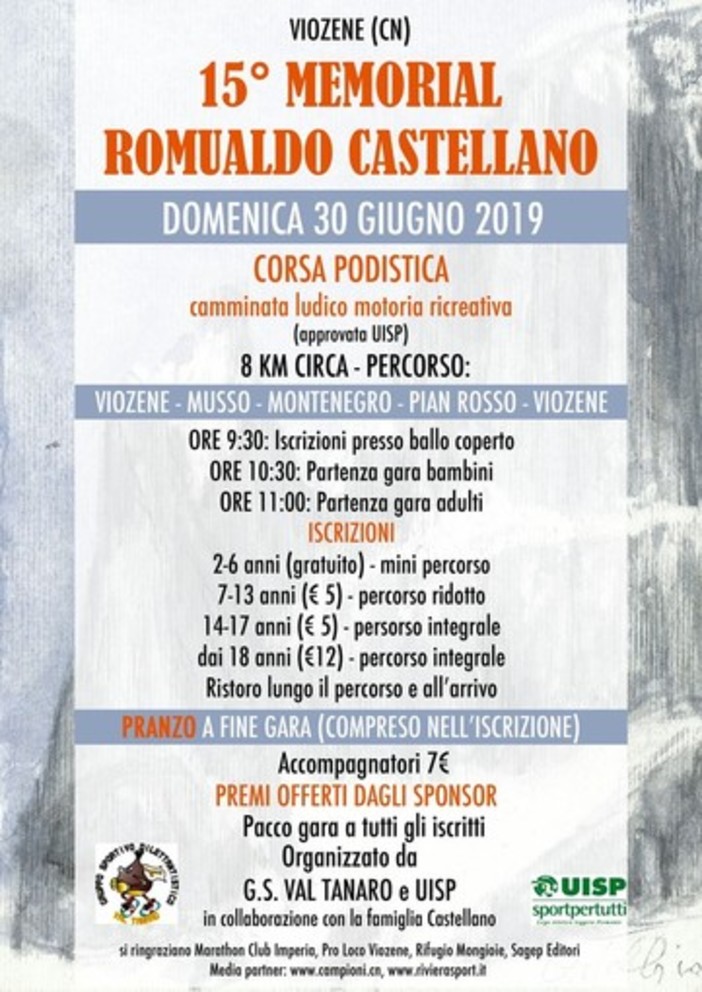 Podismo: conto alla rovescia per il 15° 'Memorial Romualdo Castellano' in scena a Viozene