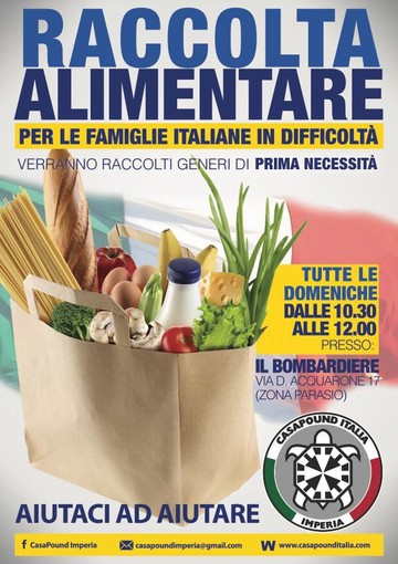 Da domenica parte anche a Imperia la 'Raccolta alimentare' promossa da Casapound Italia Da domenica parte anche a Imperia la 'Raccolta alimentare' promossa da Casapound Italia