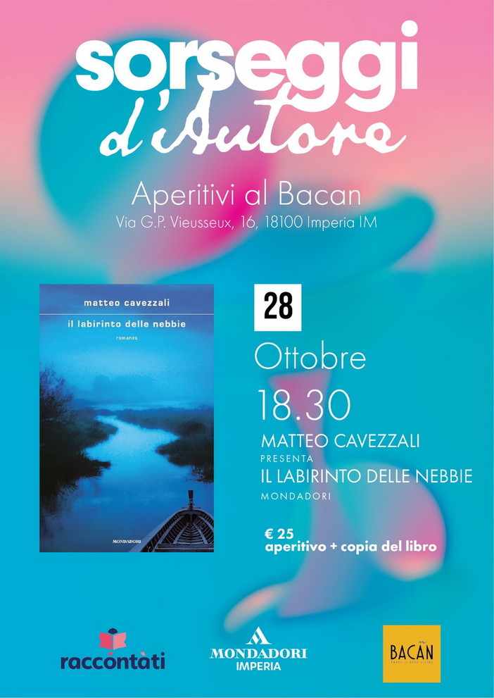 Imperia: venerdì prossimo, lo scrittore Matteo Cavezzali a ‘Sorseggi d'Autore’