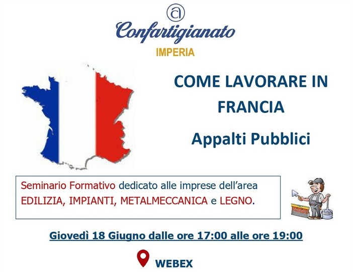 “Come lavorare in Francia - Appalti Pubblici”, il 18 giugno seminario online con Confartigianato