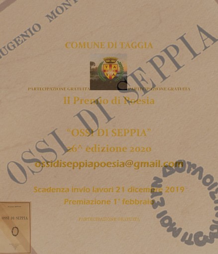Taggia: 26° Premio Ossi di Seppia, iscrizioni aperte anche agli elaborati in lingua straniera. C'è tempo fino al 21 dicembre