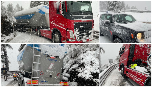 Neve nell'entroterra, mezzi pesanti di traverso sulla 28: traffico in tilt sul colle di Nava (foto)