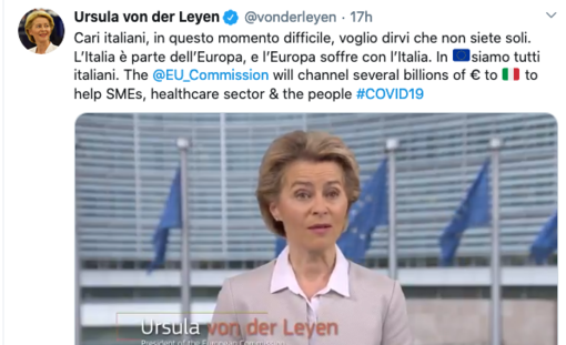 Coronavirus: "Siamo vicini all'Italia, in questo momento in Europa siamo tutti italiani" il messaggio della presidente della Commissione Ue, Ursula von der Leyen Coronavirus: "Siamo vicini all'Italia, in questo momento in Europa siamo tutti italiani" il messaggio della presidente della Commissione Ue, Ursula von der Leyen