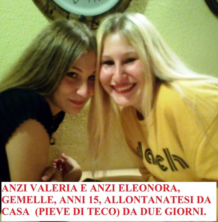 Pieve di Teco, apprensione per la scomparsa delle gemelle Eleonora e Valeria Anzi Pieve di Teco, apprensione per la scomparsa delle gemelle Eleonora e Valeria Anzi