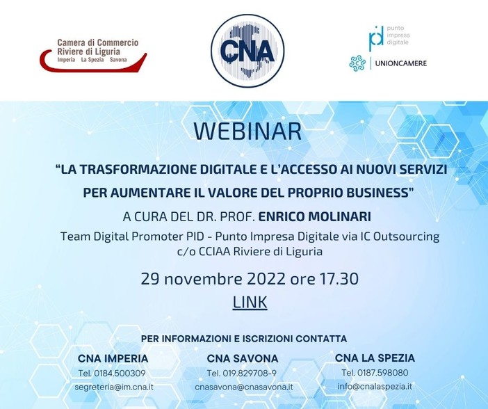 "La trasformazione digitale e l'accesso ai nuovi servizi per aumentare il valore del proprio business”, webinar di Cna