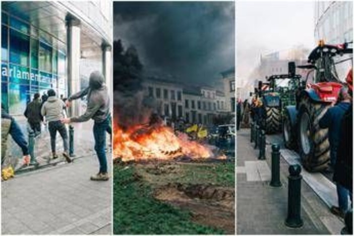 Bruxelles, migliaia di agricoltori in piazza: scontri vicino al Parlamento europeo Bruxelles, migliaia di agricoltori in piazza: scontri vicino al Parlamento europeo